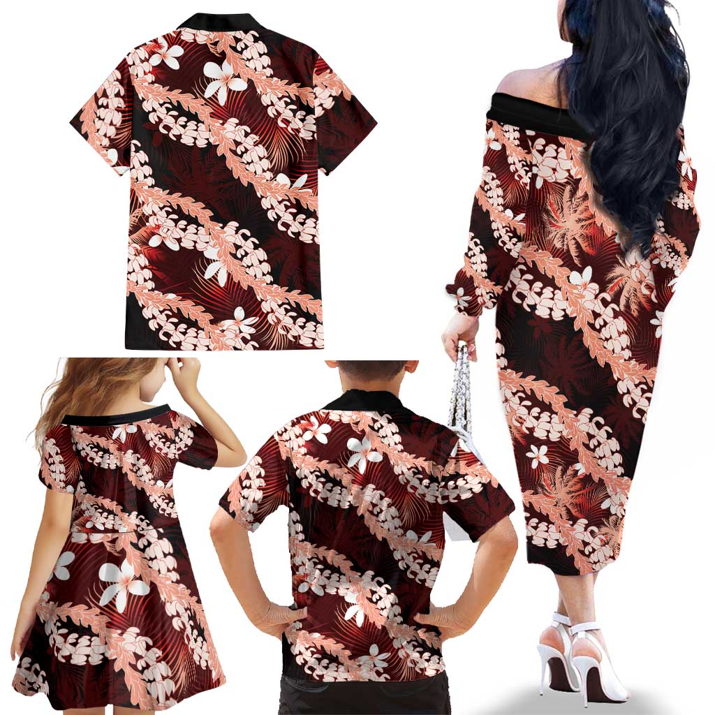 Puakenikeni Maile Lei Family Matching Off The Shoulder Long Sleeve Dress and Hawaiian Shirt Frangipani Red Tropical Leaves