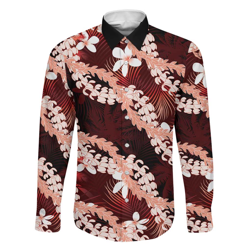 Puakenikeni Maile Lei Family Matching Off The Shoulder Long Sleeve Dress and Hawaiian Shirt Frangipani Red Tropical Leaves