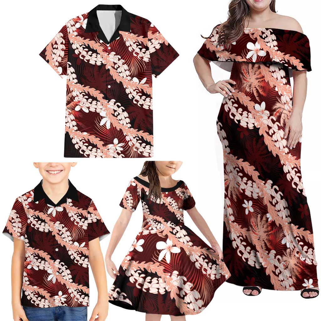 Puakenikeni Maile Lei Family Matching Off Shoulder Maxi Dress and Hawaiian Shirt Frangipani Red Tropical Leaves