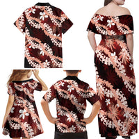 Puakenikeni Maile Lei Family Matching Off Shoulder Maxi Dress and Hawaiian Shirt Frangipani Red Tropical Leaves