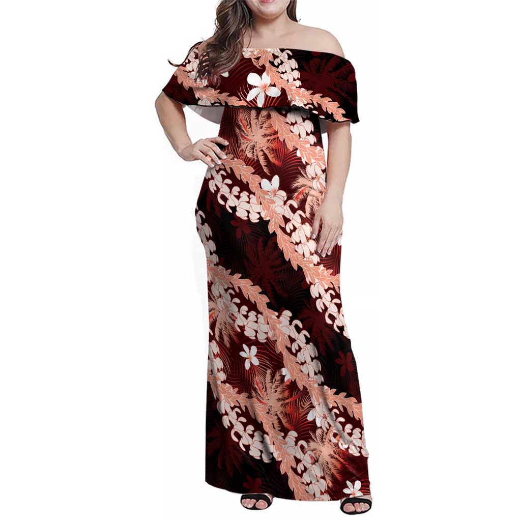 Puakenikeni Maile Lei Family Matching Off Shoulder Maxi Dress and Hawaiian Shirt Frangipani Red Tropical Leaves