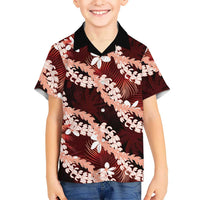 Puakenikeni Maile Lei Family Matching Off Shoulder Maxi Dress and Hawaiian Shirt Frangipani Red Tropical Leaves