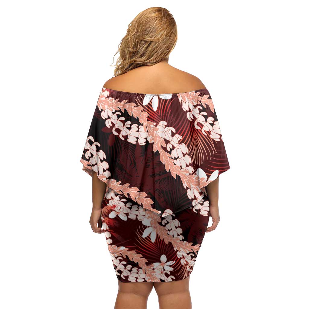 Puakenikeni Maile Lei Family Matching Off Shoulder Short Dress and Hawaiian Shirt Frangipani Red Tropical Leaves