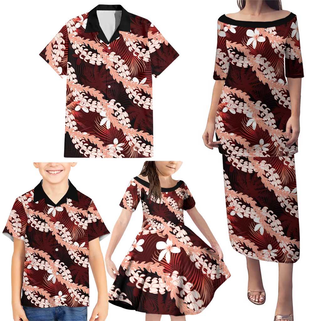 Puakenikeni Maile Lei Family Matching Puletasi and Hawaiian Shirt Frangipani Red Tropical Leaves