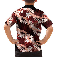 Puakenikeni Maile Lei Family Matching Short Sleeve Bodycon Dress and Hawaiian Shirt Frangipani Red Tropical Leaves