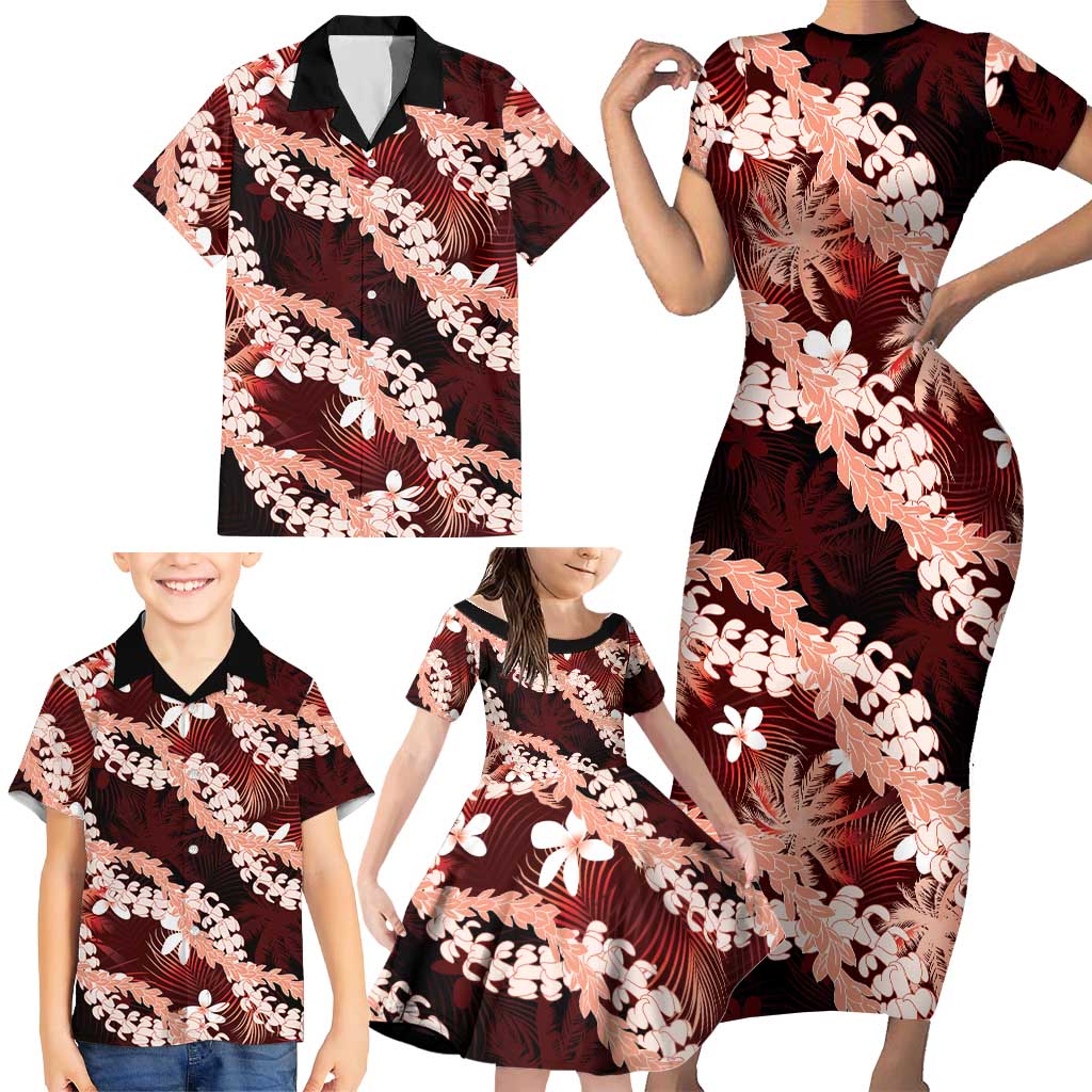 Puakenikeni Maile Lei Family Matching Short Sleeve Bodycon Dress and Hawaiian Shirt Frangipani Red Tropical Leaves