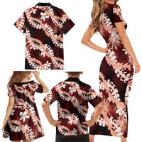 Puakenikeni Maile Lei Family Matching Short Sleeve Bodycon Dress and Hawaiian Shirt Frangipani Red Tropical Leaves