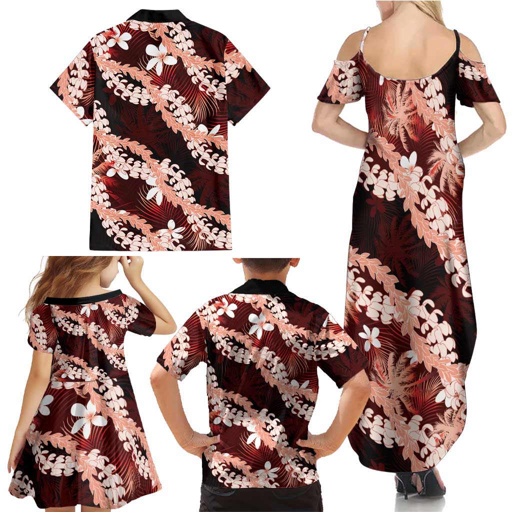 Puakenikeni Maile Lei Family Matching Summer Maxi Dress and Hawaiian Shirt Frangipani Red Tropical Leaves