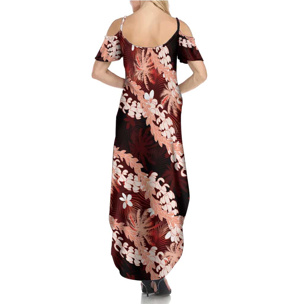 Puakenikeni Maile Lei Family Matching Summer Maxi Dress and Hawaiian Shirt Frangipani Red Tropical Leaves