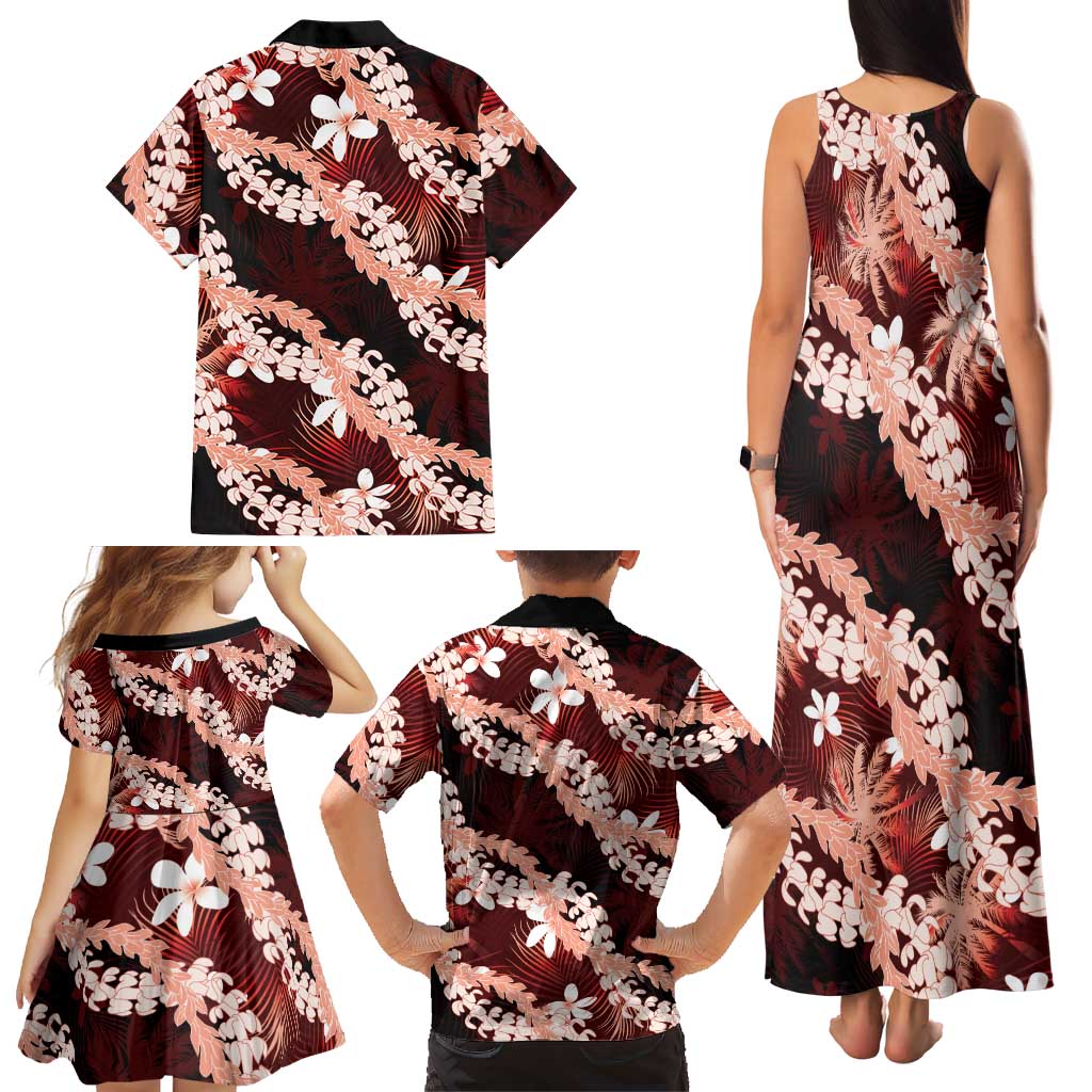 Puakenikeni Maile Lei Family Matching Tank Maxi Dress and Hawaiian Shirt Frangipani Red Tropical Leaves