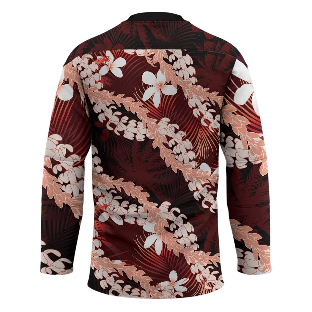 Puakenikeni Maile Lei Hockey Jersey Frangipani Red Tropical Leaves