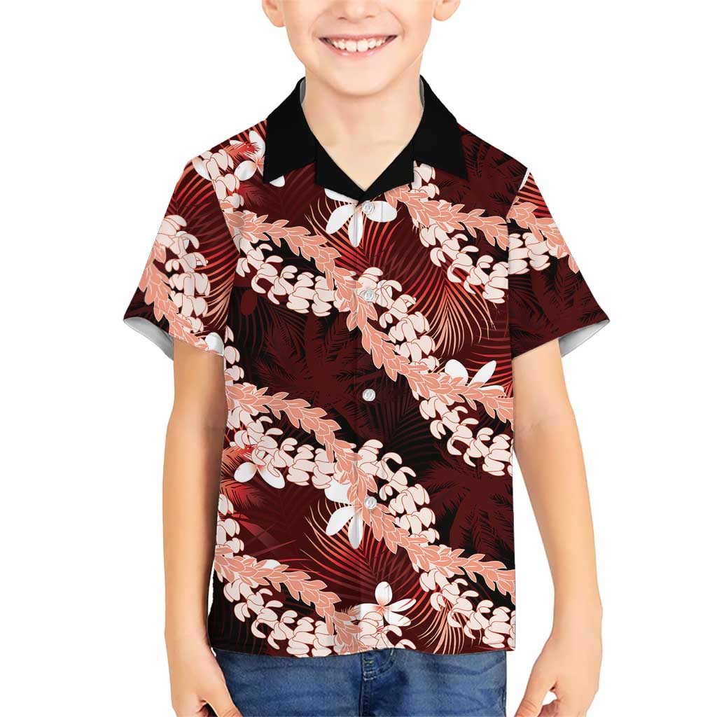 Puakenikeni Maile Lei Kid Hawaiian Shirt Frangipani Red Tropical Leaves