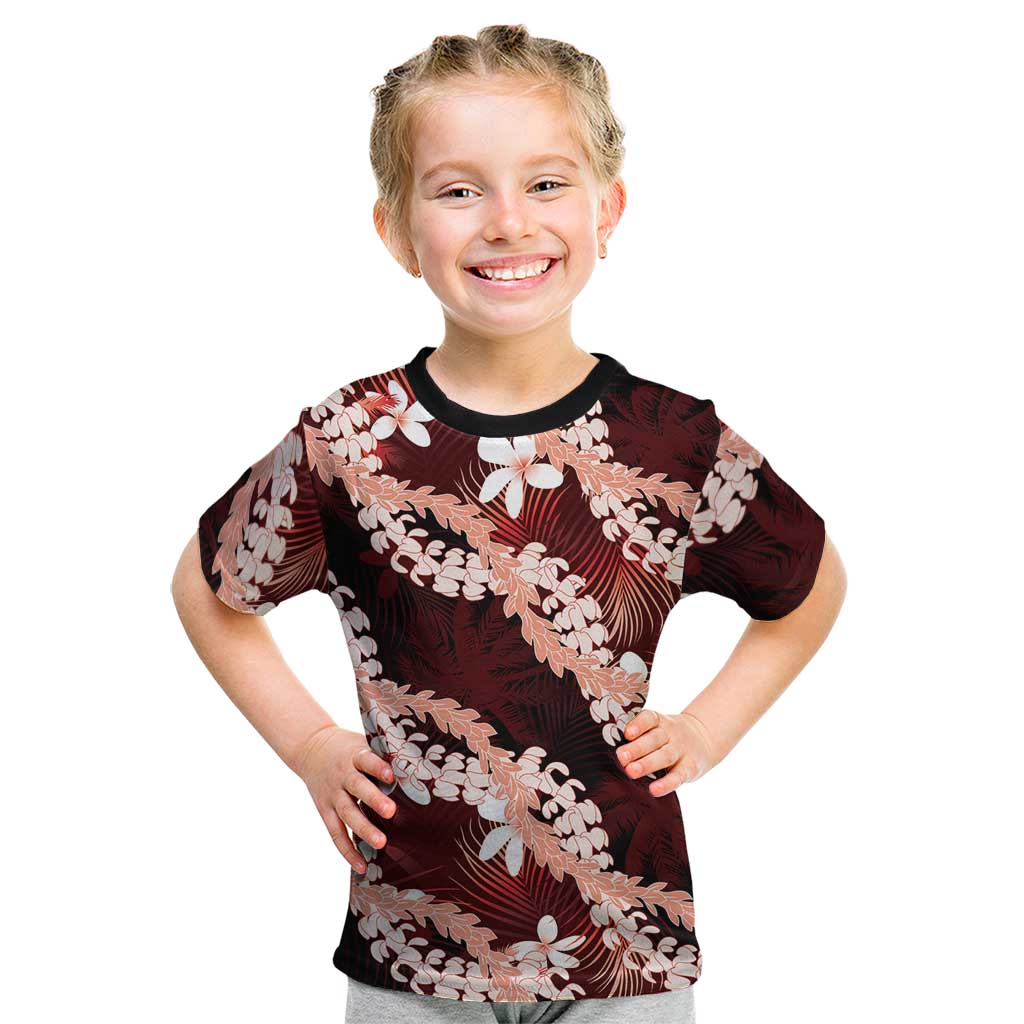 Puakenikeni Maile Lei Kid T Shirt Frangipani Red Tropical Leaves