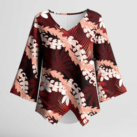 Puakenikeni Maile Lei Kimono Sleeve Blouse Frangipani Red Tropical Leaves