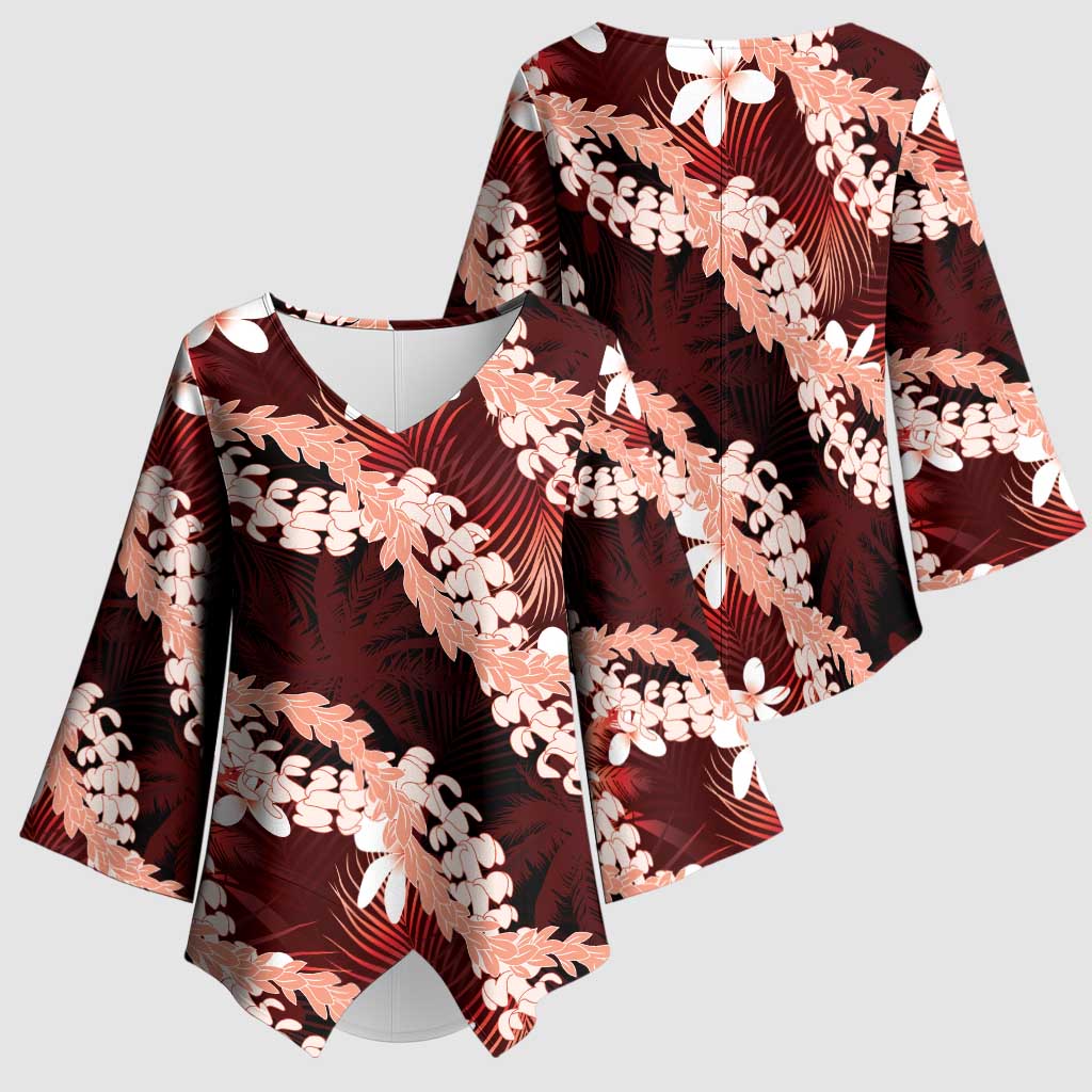 Puakenikeni Maile Lei Kimono Sleeve Blouse Frangipani Red Tropical Leaves