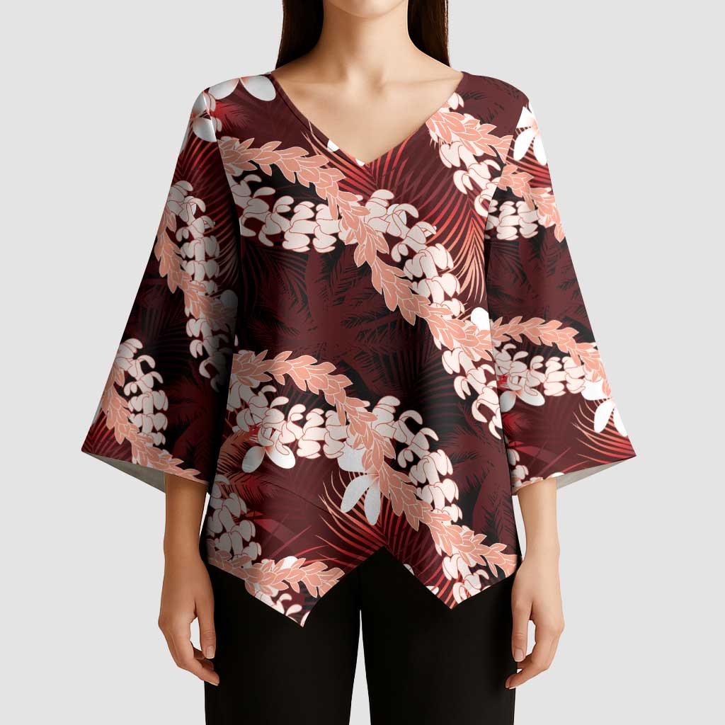 Puakenikeni Maile Lei Kimono Sleeve Blouse Frangipani Red Tropical Leaves
