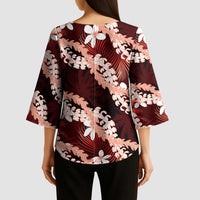 Puakenikeni Maile Lei Kimono Sleeve Blouse Frangipani Red Tropical Leaves