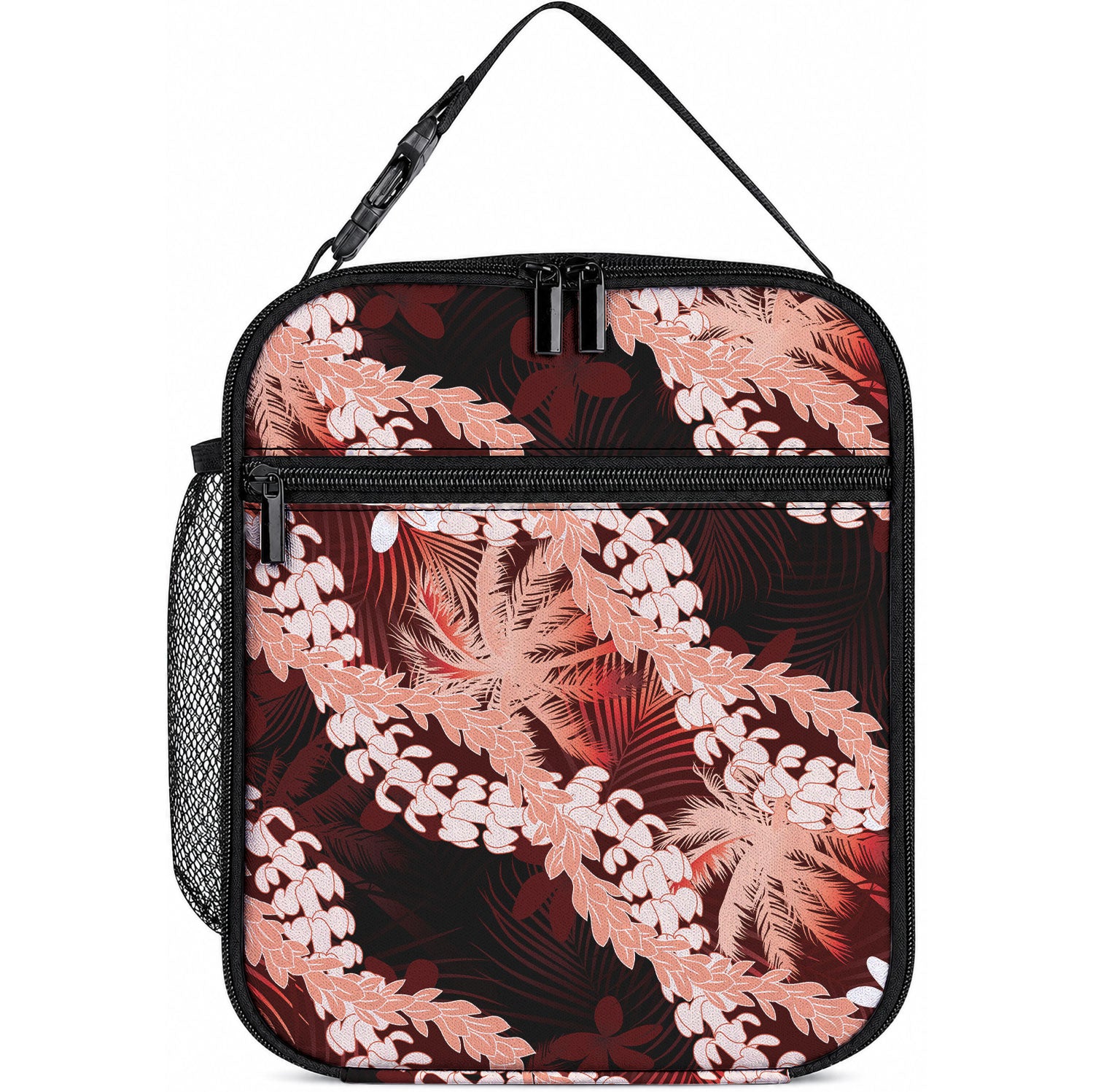 Puakenikeni Maile Lei Lunch Bag Frangipani Red Tropical Leaves