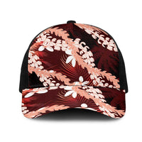 Puakenikeni Maile Lei Mesh Trucker Cap Frangipani Red Tropical Leaves