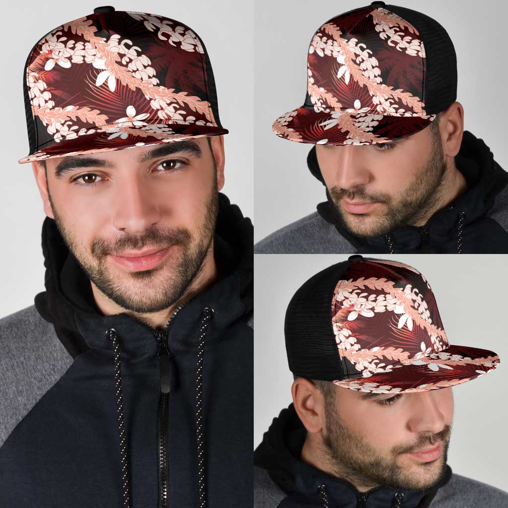 Puakenikeni Maile Lei Mesh Trucker Cap Frangipani Red Tropical Leaves