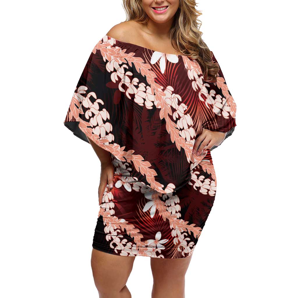 Puakenikeni Maile Lei Off Shoulder Short Dress Frangipani Red Tropical Leaves