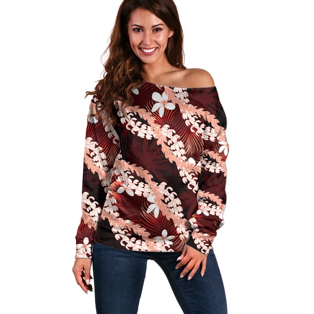Puakenikeni Maile Lei Off Shoulder Sweater Frangipani Red Tropical Leaves