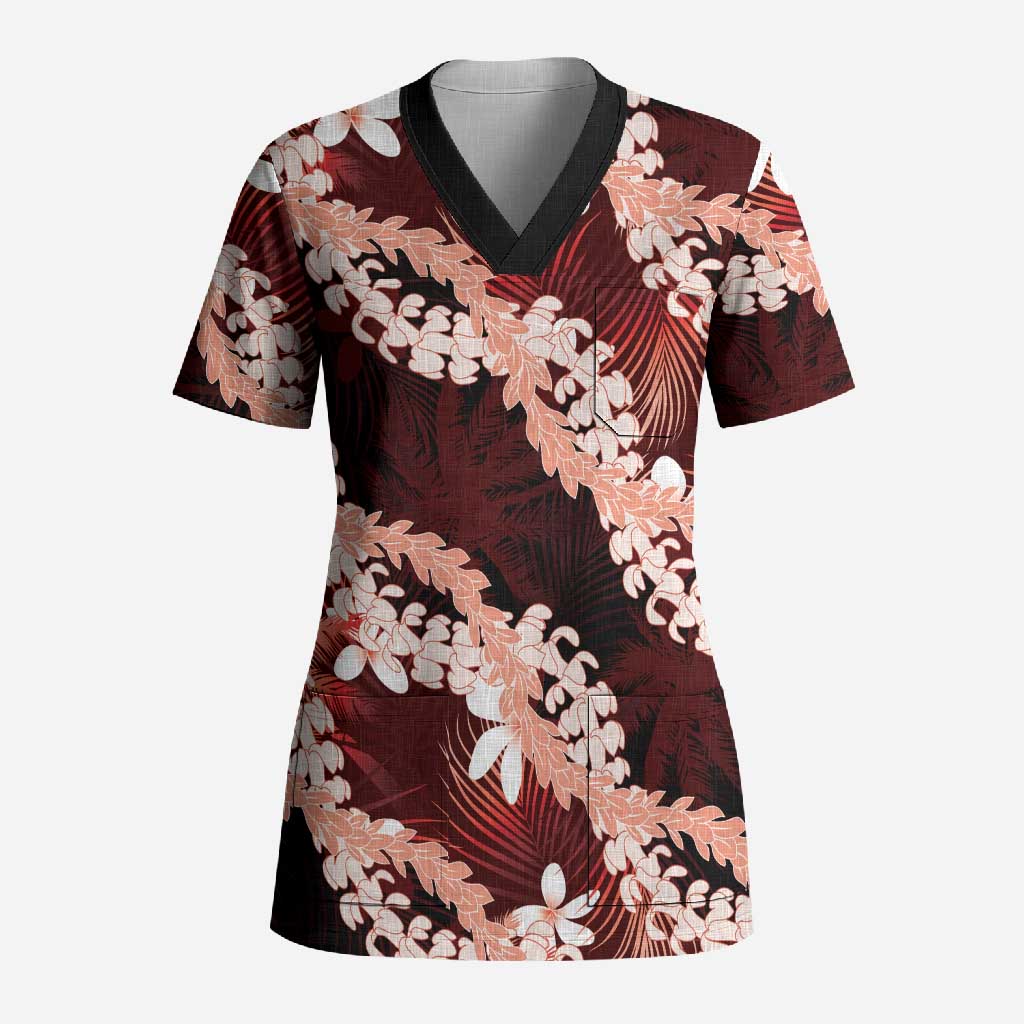 Puakenikeni Maile Lei Scrub Top Frangipani Red Tropical Leaves