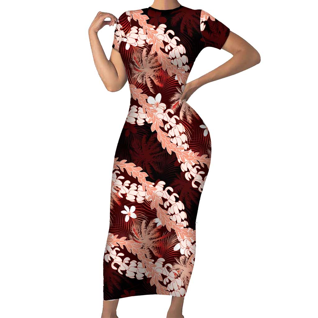 Puakenikeni Maile Lei Short Sleeve Bodycon Dress Frangipani Red Tropical Leaves