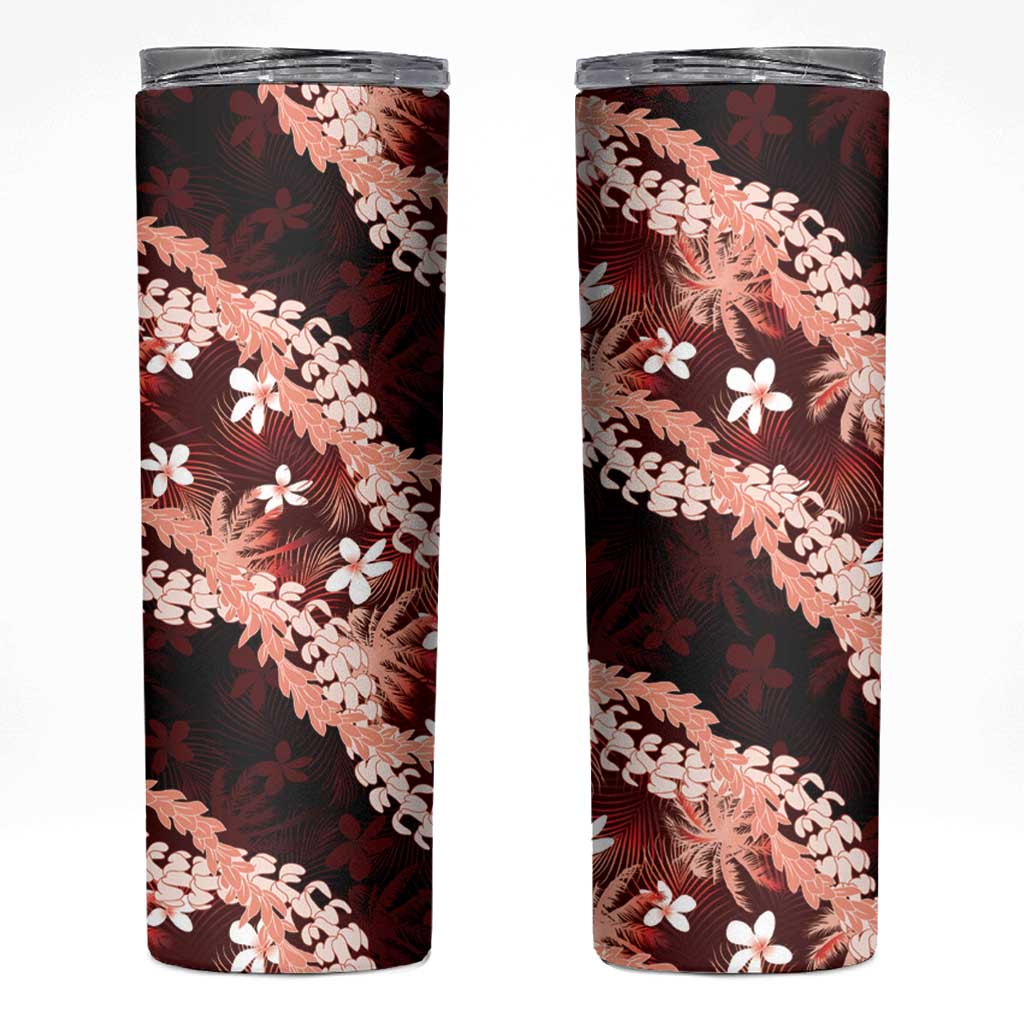 Puakenikeni Maile Lei Skinny Tumbler Frangipani Red Tropical Leaves LT01 Red - Polynesian Pride