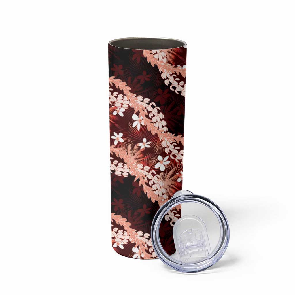 Puakenikeni Maile Lei Skinny Tumbler Frangipani Red Tropical Leaves LT01 - Polynesian Pride