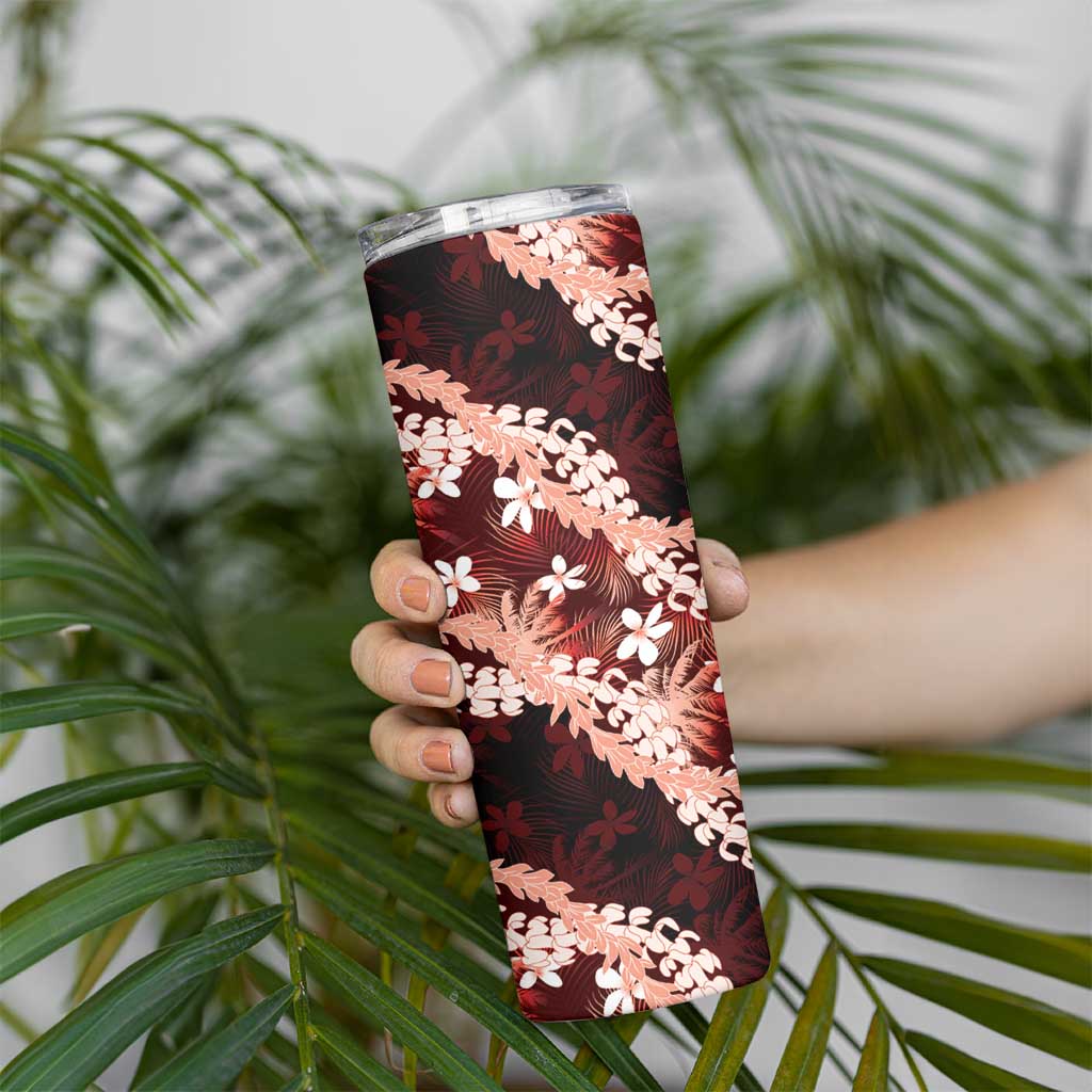 Puakenikeni Maile Lei Skinny Tumbler Frangipani Red Tropical Leaves LT01 - Polynesian Pride