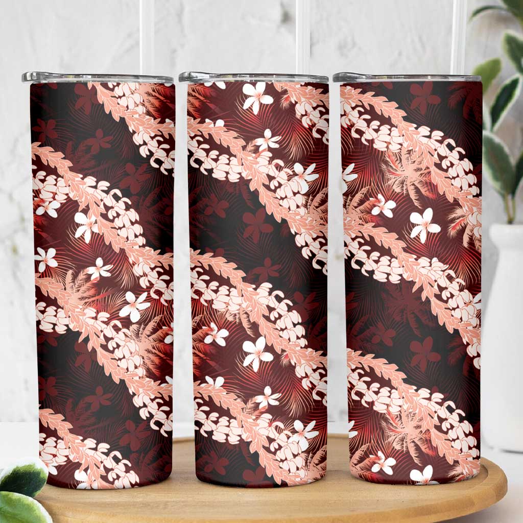 Puakenikeni Maile Lei Skinny Tumbler Frangipani Red Tropical Leaves LT01 - Polynesian Pride