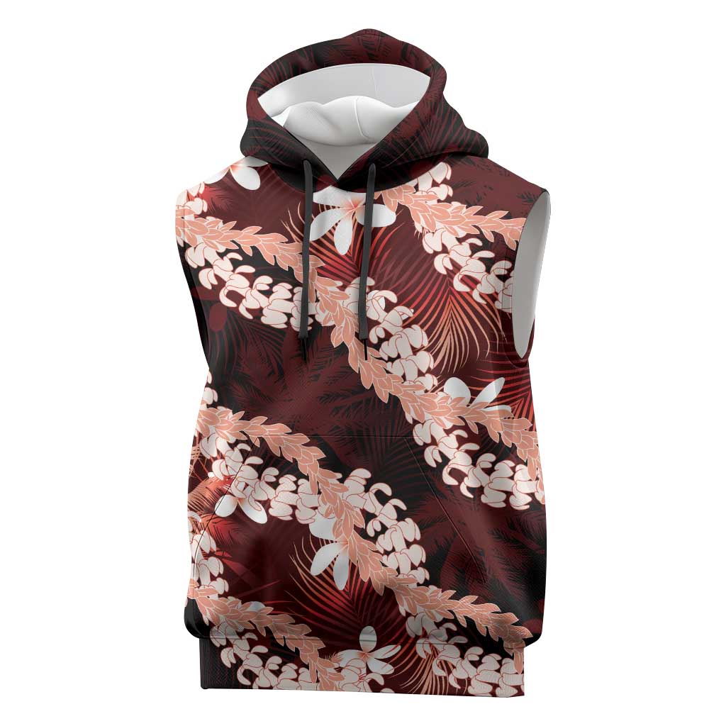 Puakenikeni Maile Lei Sleeveless Hoodie Frangipani Red Tropical Leaves