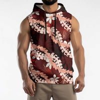 Puakenikeni Maile Lei Sleeveless Hoodie Frangipani Red Tropical Leaves