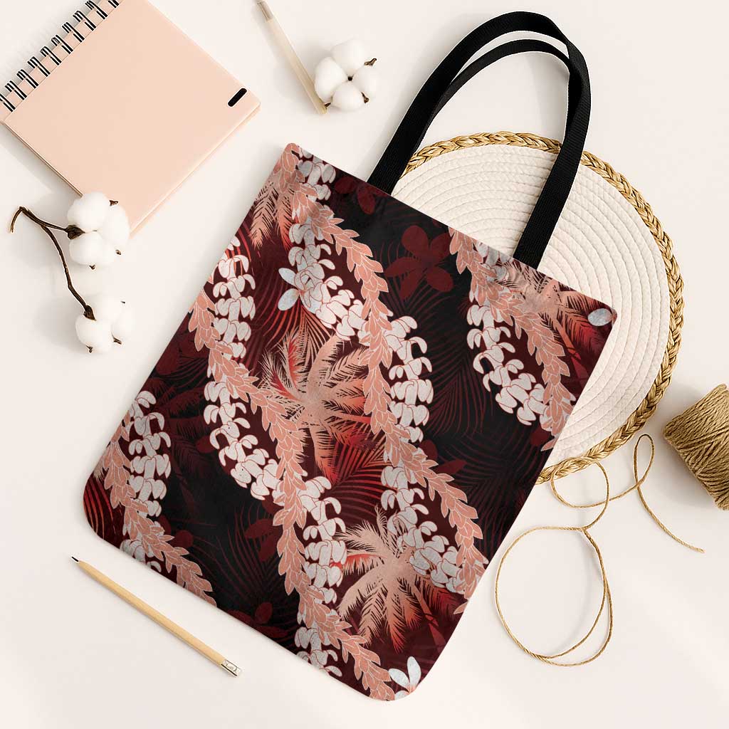 Puakenikeni Maile Lei Tote Bag Frangipani Red Tropical Leaves