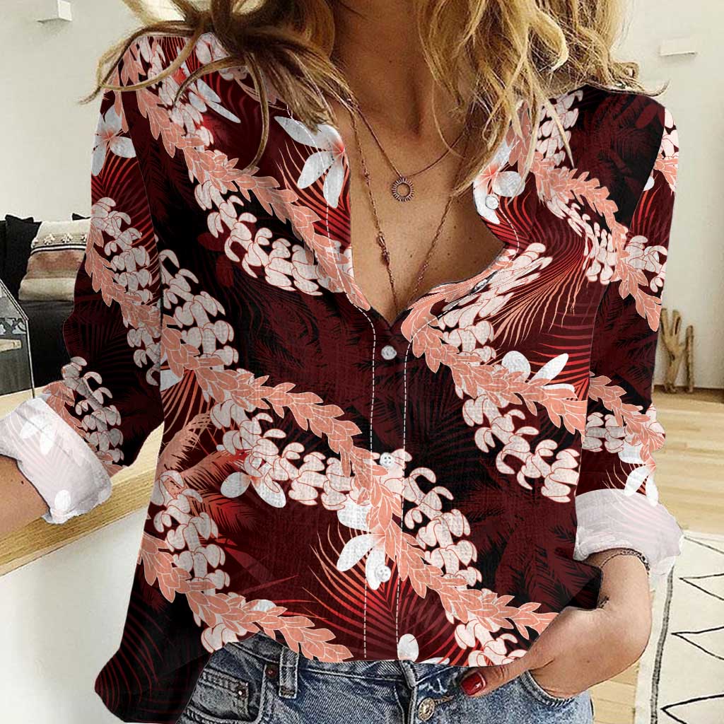 Puakenikeni Maile Lei Women Casual Shirt Frangipani Red Tropical Leaves