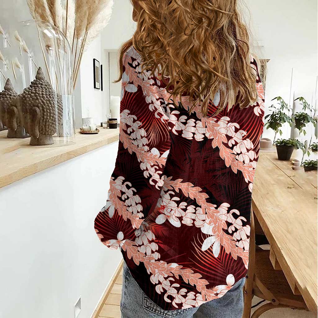 Puakenikeni Maile Lei Women Casual Shirt Frangipani Red Tropical Leaves