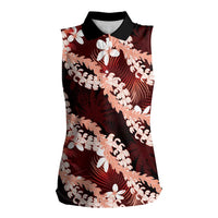 Puakenikeni Maile Lei Women Sleeveless Polo Shirt Frangipani Red Tropical Leaves LT01 Female Red - Polynesian Pride
