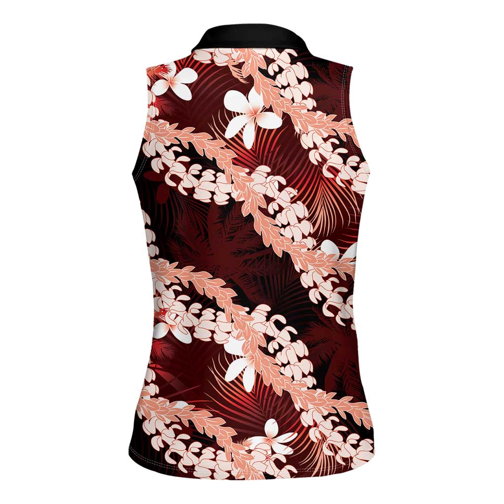 Puakenikeni Maile Lei Women Sleeveless Polo Shirt Frangipani Red Tropical Leaves LT01 - Polynesian Pride