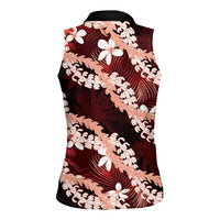 Puakenikeni Maile Lei Women Sleeveless Polo Shirt Frangipani Red Tropical Leaves LT01 - Polynesian Pride