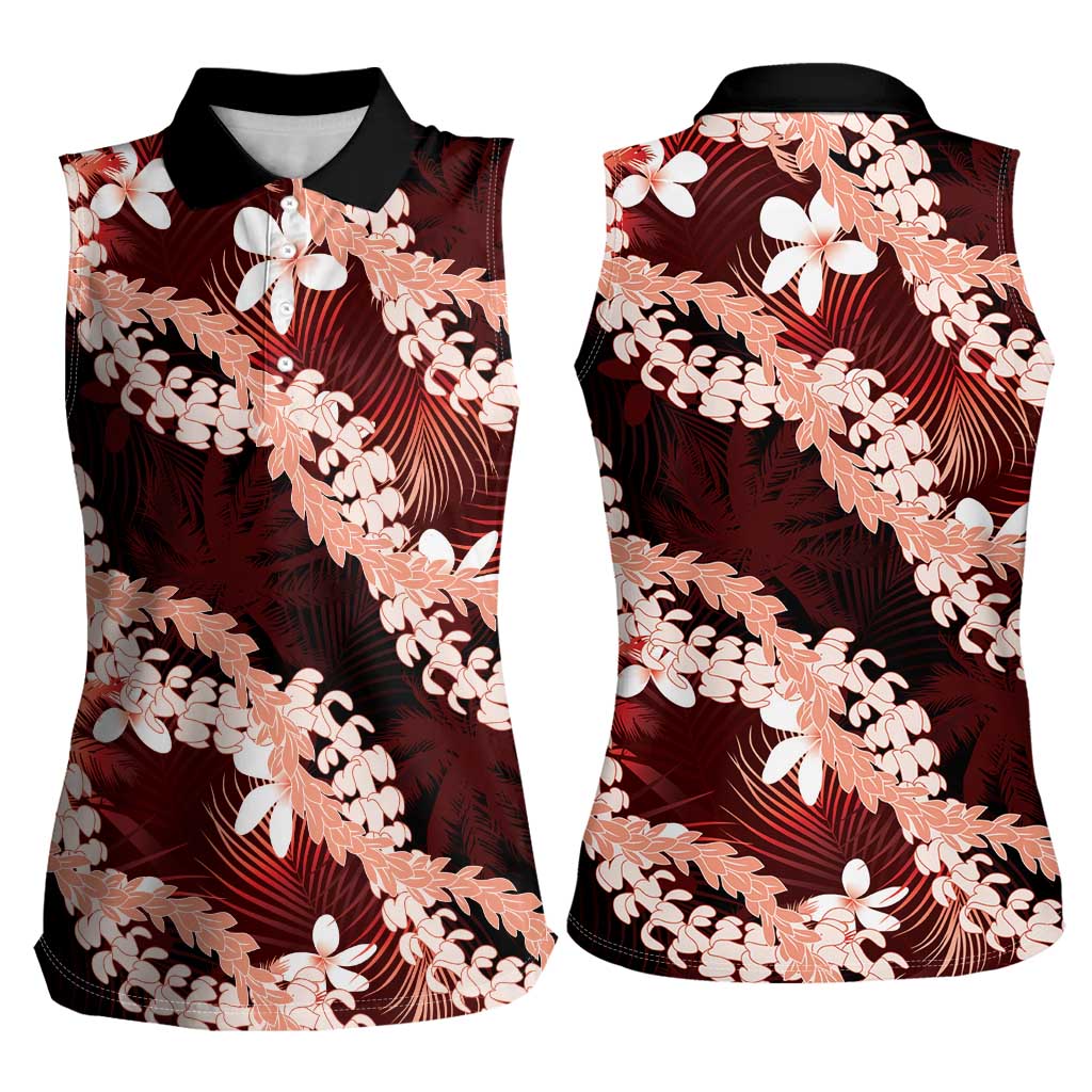 Puakenikeni Maile Lei Women Sleeveless Polo Shirt Frangipani Red Tropical Leaves LT01 - Polynesian Pride
