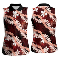 Puakenikeni Maile Lei Women Sleeveless Polo Shirt Frangipani Red Tropical Leaves LT01 - Polynesian Pride