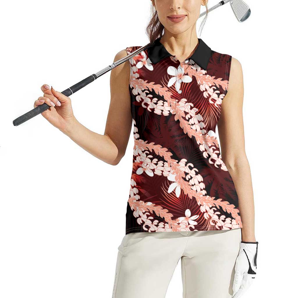 Puakenikeni Maile Lei Women Sleeveless Polo Shirt Frangipani Red Tropical Leaves LT01 - Polynesian Pride