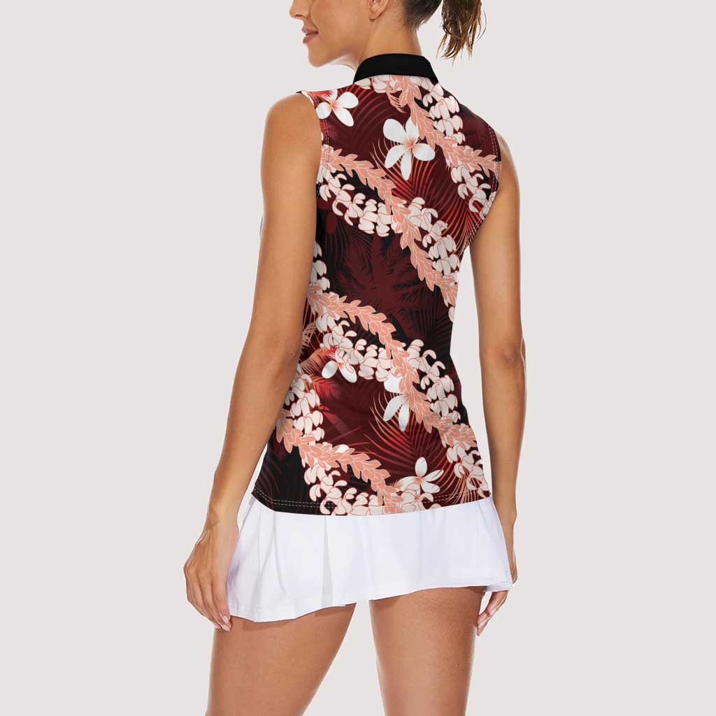 Puakenikeni Maile Lei Women Sleeveless Polo Shirt Frangipani Red Tropical Leaves LT01 - Polynesian Pride