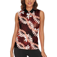 Puakenikeni Maile Lei Women Sleeveless Polo Shirt Frangipani Red Tropical Leaves LT01 - Polynesian Pride