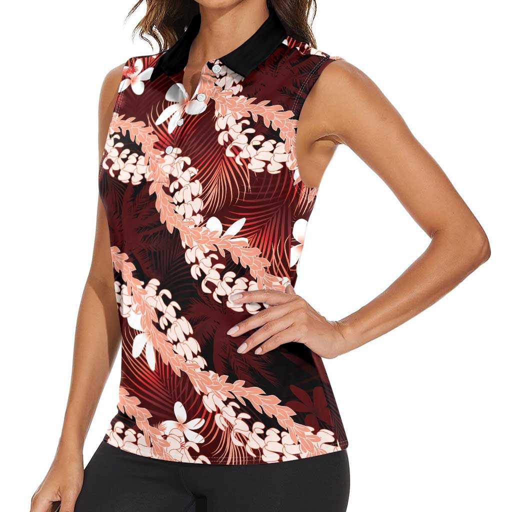 Puakenikeni Maile Lei Women Sleeveless Polo Shirt Frangipani Red Tropical Leaves LT01 - Polynesian Pride