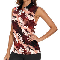 Puakenikeni Maile Lei Women Sleeveless Polo Shirt Frangipani Red Tropical Leaves LT01 - Polynesian Pride