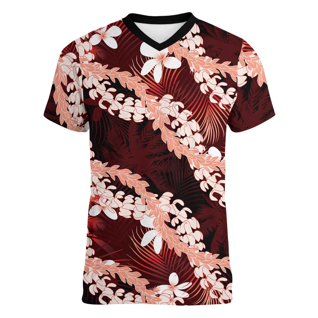 Puakenikeni Maile Lei Women V-Neck T-Shirt Frangipani Red Tropical Leaves