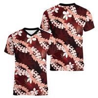 Puakenikeni Maile Lei Women V-Neck T-Shirt Frangipani Red Tropical Leaves