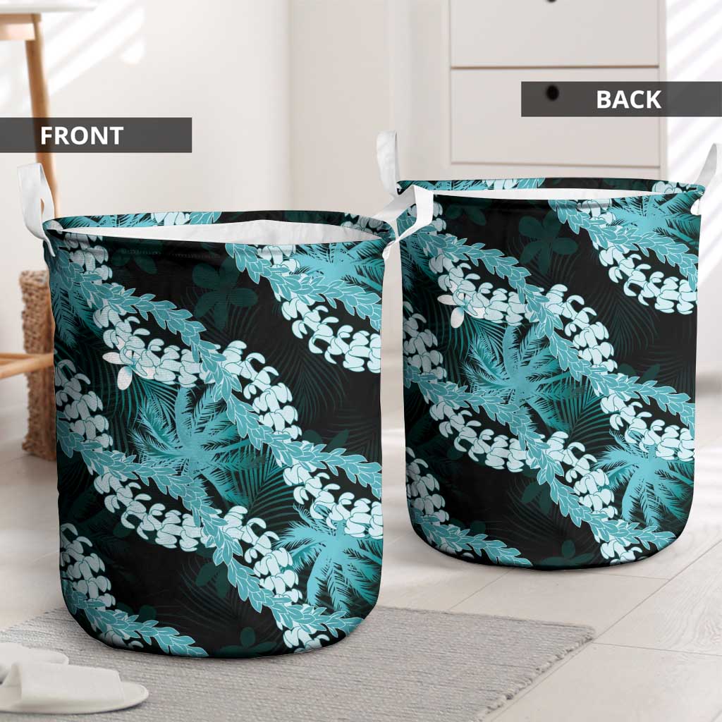 Puakenikeni Maile Lei Laundry Basket Frangipani Turquoise Tropical Leaves LT01 - Polynesian Pride